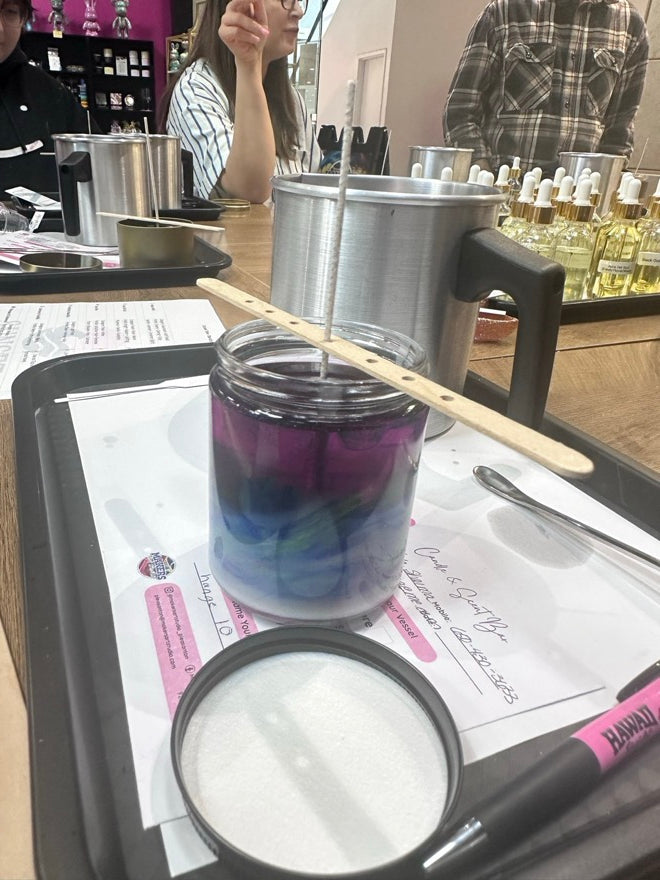 Colorful custom candle made at the Pleasanton Candle Bar